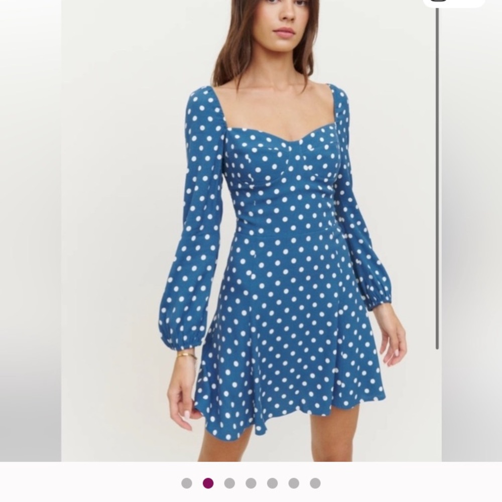 Reformation Blue and White Polka Dot Long Sleeve Dress